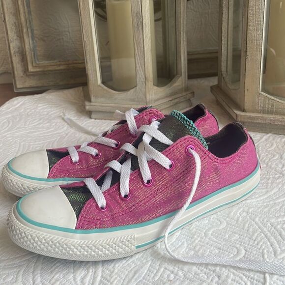 Converse Double Tongue Youth Sz 3 Pink Blue Glitter 656035F Unicorn Mermaid Low - Picture 2 of 11